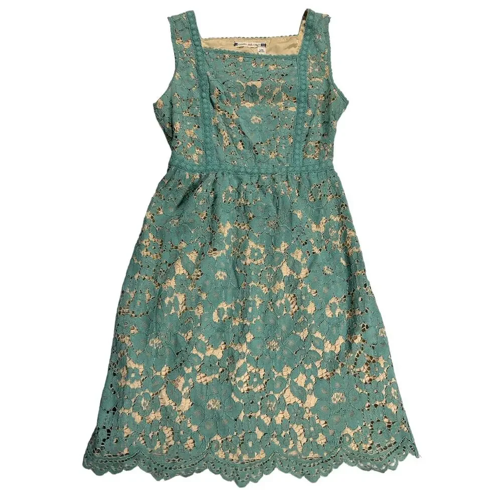 Chelsea & Violet Teal Lace Dress Nude Lined Sleeveless Square Neck Fit Flare XS - Picture 3 of 16